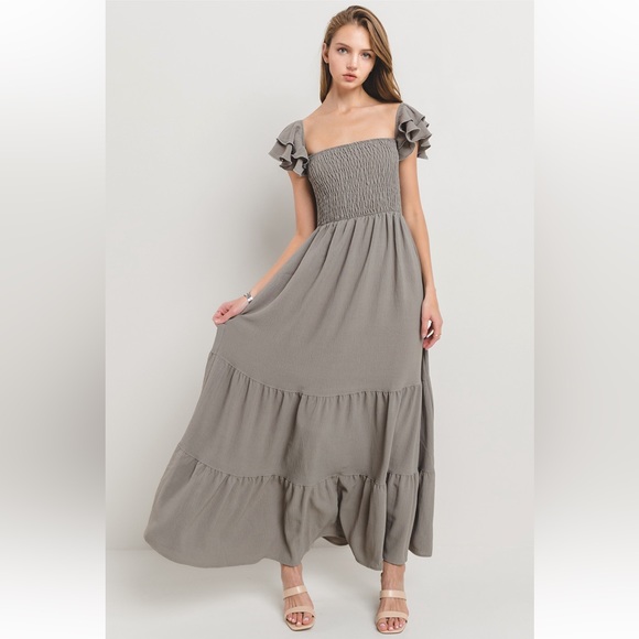 Boho Solid Flared Sleeve Long Tiered Dress - Picture 1 of 5